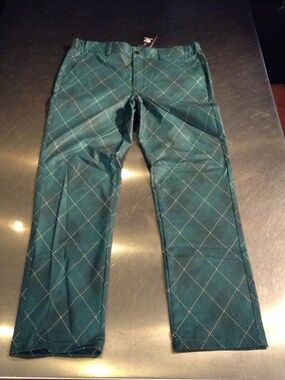 NWT Golf Gentry Men's 34 Stretch Golf Pants Emerald Argyle Plaid Trousers